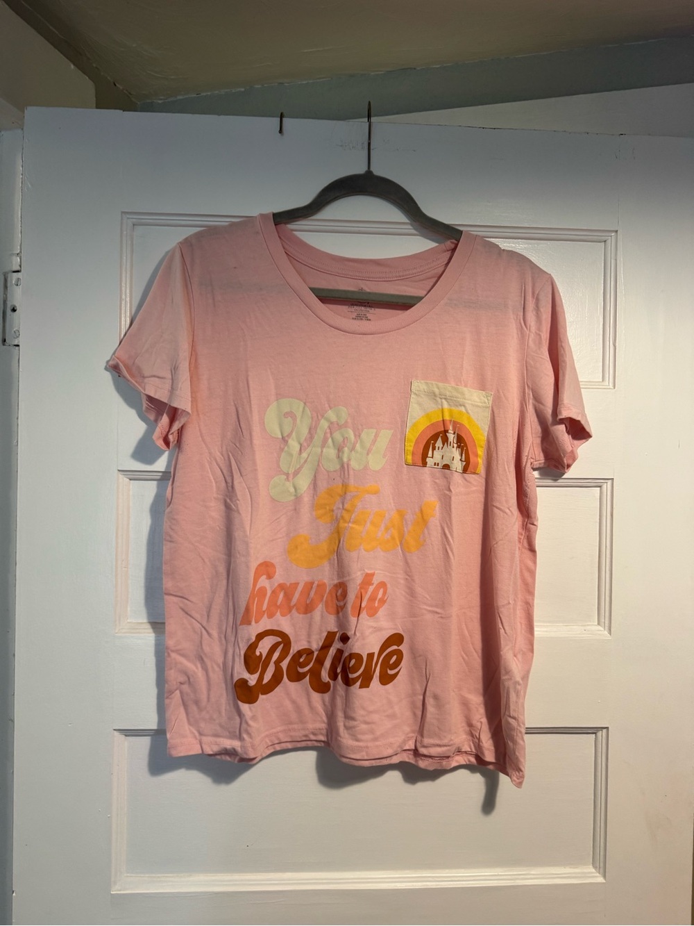 Disney Pink Short Sleeve Graphic Pocket Tee with Rainbow Castle